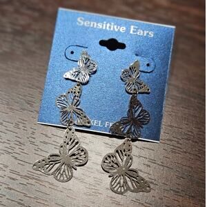 Sensitive Ears Delicate Silver-Tone Mixed Metal Butterfly Chain Dangle Earrings